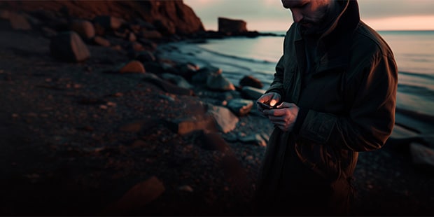 Ein Mann steht mit einem Handy in der Hand vor einem steinigen Strand. Im Hintergrund sieht man Felsen und einen Sonnenuntergang.