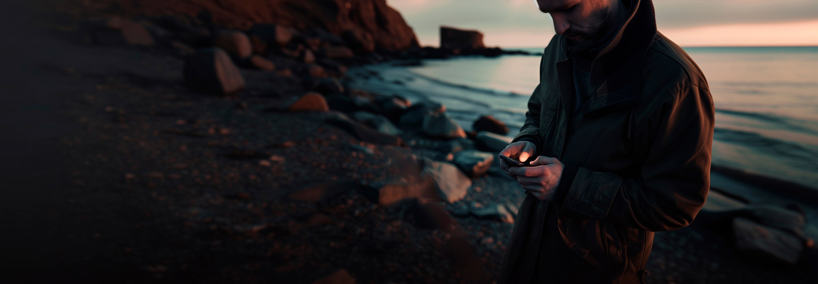 Ein Mann schaut auf sein Handy, im Hintergrund sind Felsen und ein Strand in der Abendsonne zu sehen.