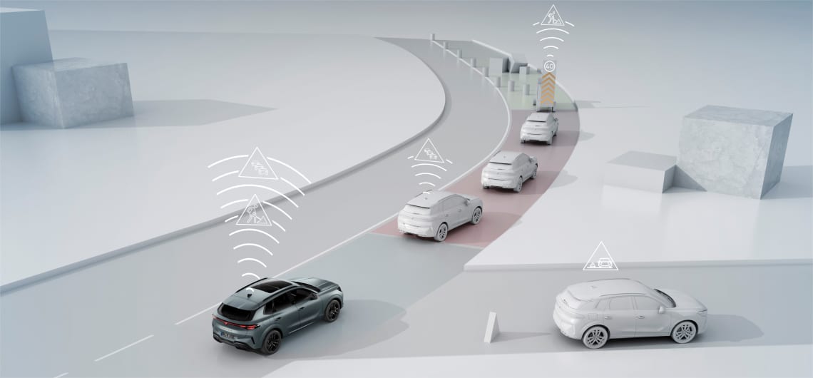 Demo der CAR2X-Kommunikationstechnologie im cupra terramar, die zeigt, wie das Fahrzeug mit anderen Autos und der Infrastruktur kommuniziert, um die Verkehrssicherheit und die Verkehrseffizienz zu erhöhen.